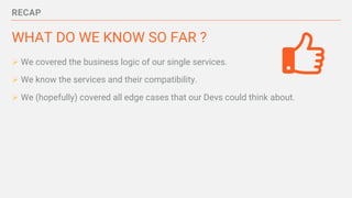 RECAP
WHAT DO WE KNOW SO FAR ?
Ø We covered the business logic of our single services.
Ø We know the services and their compatibility.
Ø We (hopefully) covered all edge cases that our Devs could think about.
 