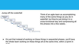 Jump off the waterfall
● It's just that instead of working on these things in sequential phases, you'll have
the whole team working on these things all at the same time, within a sprint in
Think of an agile team as accomplishing
many of the same things as you do in
waterfall, but they're just doing it in a
cross-functional way and compressing all
the phases into a few weeks.
 