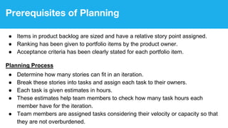 Prerequisites of Planning
● Items in product backlog are sized and have a relative story point assigned.
● Ranking has been given to portfolio items by the product owner.
● Acceptance criteria has been clearly stated for each portfolio item.
Planning Process
● Determine how many stories can fit in an iteration.
● Break these stories into tasks and assign each task to their owners.
● Each task is given estimates in hours.
● These estimates help team members to check how many task hours each
member have for the iteration.
● Team members are assigned tasks considering their velocity or capacity so that
they are not overburdened.
 