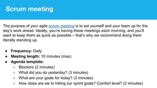 Scrum meeting
The purpose of your agile scrum meeting is to set yourself and your team up for the
day’s work ahead. Ideally, you’re having these meetings each morning, and you’ll
want to keep them as quick as possible – that’s why we recommend doing them
literally standing up.
● Frequency: Daily
● Meeting length: 10 minutes (max)
● Agenda template:
○ Blockers (2 minutes)
○ What did you do yesterday? (3 minutes)
○ What are your goals for today? (3 minutes)
○ How close are we to hitting our sprint goals? Comfort level? (2 minutes)
 
