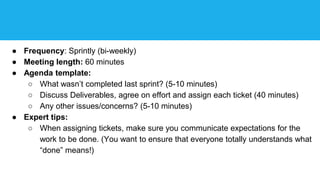 ● Frequency: Sprintly (bi-weekly)
● Meeting length: 60 minutes
● Agenda template:
○ What wasn’t completed last sprint? (5-10 minutes)
○ Discuss Deliverables, agree on effort and assign each ticket (40 minutes)
○ Any other issues/concerns? (5-10 minutes)
● Expert tips:
○ When assigning tickets, make sure you communicate expectations for the
work to be done. (You want to ensure that everyone totally understands what
“done” means!)
 