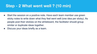 Step - 2 What went well ? (10 min)
● Start the session on a positive note. Have each team member use green
sticky notes to write down what they feel went well (one idea per sticky). As
people post their stickies on the whiteboard, the facilitator should group
similar or duplicate ideas together.
● Discuss your ideas briefly as a team.
 