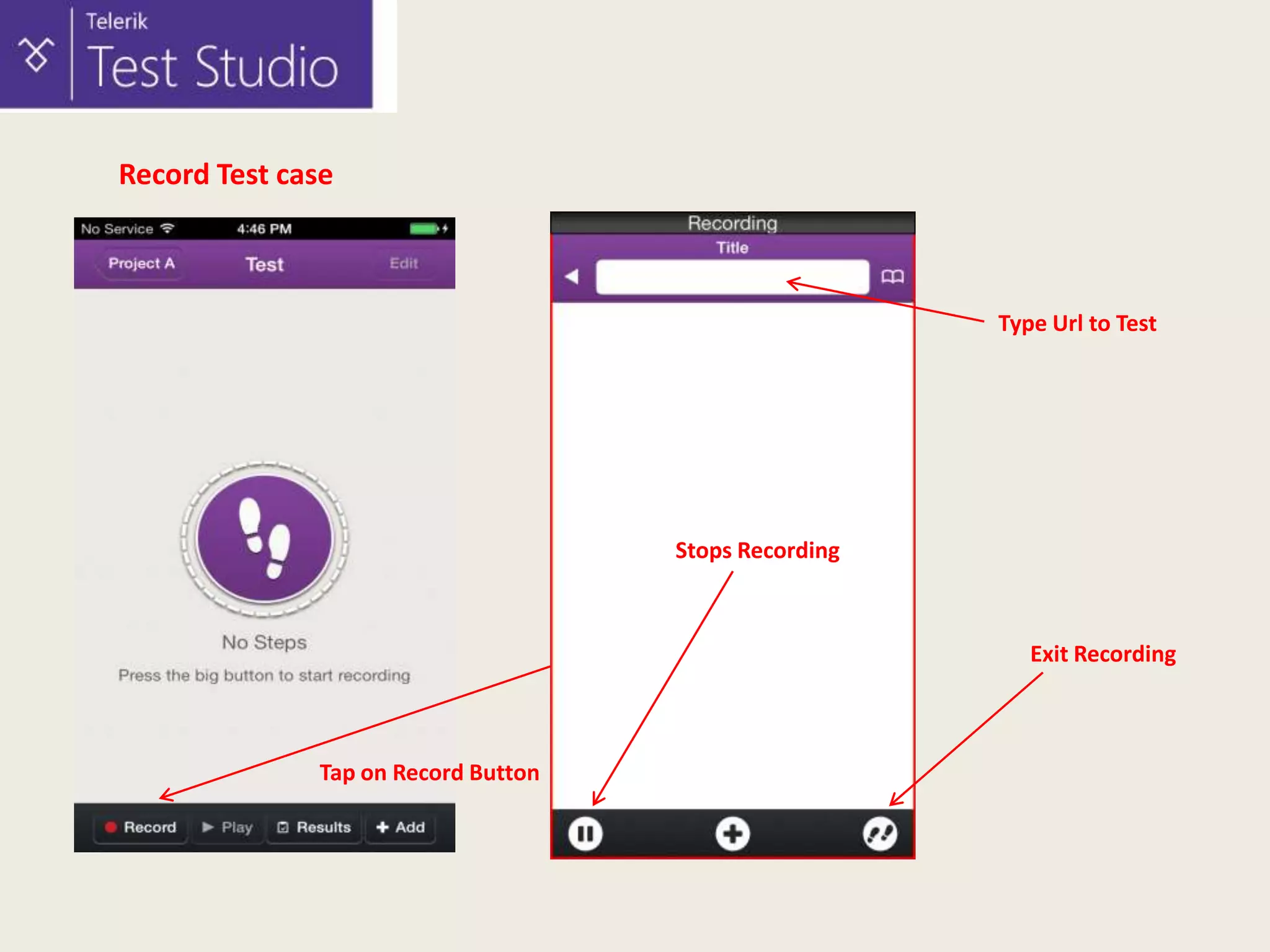 Record Test case

Type Url to Test

Stops Recording

Exit Recording

Tap on Record Button

 