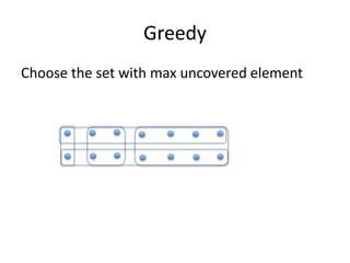 Greedy
Choose the set with max uncovered element
 
