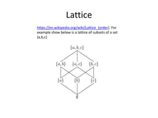 Lattice
https://en.wikipedia.org/wiki/Lattice_(order). For
example show below is a lattice of subsets of a set
{a,b,c}
 
