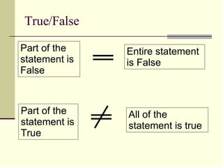 True/False Part of the statement is False Entire statement is False Part of the statement is True All of the statement is true 