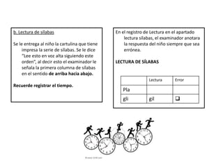 b. Lectura de sílabas
Se le entrega al niño la cartulina que tiene
impresa la serie de sílabas. Se le dice
“Lee esto en voz alta siguiendo este
orden”, al decir esto el examinador le
señala la primera columna de sílabas
en el sentido de arriba hacia abajo.
Recuerde registrar el tiempo.
En el registro de Lectura en el apartado
lectura sílabas, el examinador anotara
la respuesta del niño siempre que sea
errónea.
LECTURA DE SÍLABAS
Lectura Error
Pla
gli gil 
 