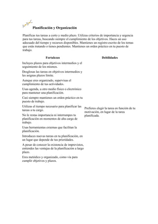 Planificación y Organización

Planificas tus tareas a corto y medio plazo. Utilizas criterios de importancia y urgencia
para tus tareas, buscando siempre el cumplimiento de los objetivos. Haces un uso
adecuado del tiempo y recursos disponibles. Mantienes un registro escrito de los temas
que estás tratando o tienes pendientes. Mantienes un orden práctico en tu puesto de
trabajo.

                   Fortalezas                                   Debilidades
Incluyes plazos para objetivos intermedios y el
seguimiento de los mismos.
Desglosas las tareas en objetivos intermedios y
les asignas plazos límite.
Aunque eres organizado, supervisas el
cumplimiento de tus actividades.
Usas agenda, u otro medio físico o electrónico
para mantener una planificación.
Casi siempre mantienes un orden práctico en tu
puesto de trabajo.
Utilizas el tiempo necesario para planificar las
                                                 Prefieres elegir la tarea en función de tu
tareas a tu cargo.
                                                 motivación, en lugar de la tarea
No le restas importancia ni interrumpes tu       planificada.
planificación en momentos de alta carga de
trabajo.
Usas herramientas externas que facilitan la
planificación.
Introduces nuevas tareas en tu planificación, en
un lugar que depende de tus prioridades.
A pesar de conocer la existencia de imprevistos,
entiendes las ventajas de la planificación a largo
plazo.
Eres metódico y organizado, como vía para
cumplir objetivos y plazos.
 