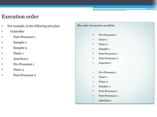Execution order 
• For example, in the following test plan: 
• Controller 
• Post-Processor 1 
• Sampler 1 
• Sampler 2 
• Timer 1 
• Assertion 1 
• Pre-Processor 1 
• Timer 2 
• Post-Processor 2 
The order of execution would be: 
• Pre-Processor 1 
• Timer 1 
• Timer 2 
• Sampler 1 
• Post-Processor 1 
• Post-Processor 2 
• Assertion 1 
• Pre-Processor 1 
• Timer 1 
• Timer 2 
• Sampler 2 
• Post-Processor 1 
• Post-Processor 2 
• Assertion 1 
 