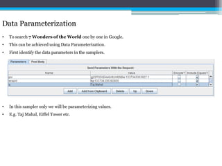 Data Parameterization 
• To search 7 Wonders of the World one by one in Google. 
• This can be achieved using Data Parameterization. 
• First identify the data parameters in the samplers. 
• In this sampler only we will be parameterizing values. 
• E.g. Taj Mahal, Eiffel Tower etc. 
 