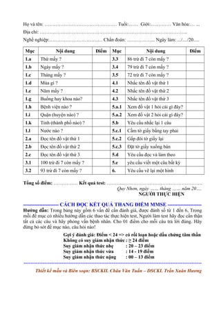Họ và tên: ……………………………………… Tuổi:…… Giới:….……… Văn hóa:… ...
Địa chỉ: ………………………………………………………………………………..
Nghề nghiệp:…………………………… Chẩn đoán: ……………... Ngày làm: .../..../20.....
Mục Nội dung Điểm Mục Nội dung Điểm
1.a Thứ mấy ? 3.3 86 trừ đi 7 còn mấy ?
1.b Ngày mấy ? 3.4 79 trừ đi 7 còn mấy ?
1.c Tháng mấy ? 3.5 72 trừ đi 7 còn mấy ?
1.d Mùa gì ? 4.1 Nhắc tên đồ vật thứ 1
1.e Năm mấy ? 4.2 Nhắc tên đồ vật thứ 2
1.g Buồng hay khoa nào? 4.3 Nhắc tên đồ vật thứ 3
1.h Bệnh viện nào ? 5.a.1 Xem đồ vật 1 hỏi cái gì đây?
1.i Quận (huyện nào) ? 5.a.2 Xem đồ vật 2 hỏi cái gì đây?
1.k Tỉnh (thành phố nào) ? 5.b Yêu cầu nhắc lại 1 câu
1.l Nước nào ? 5.c.1 Cầm tờ giấy bằng tay phải
2.a Đọc tên đồ vật thứ 1 5.c.2 Gấp đôi tờ giấy lại
2.b Đọc tên đồ vật thứ 2 5.c.3 Đặt tờ giấy xuống bàn
2.c Đọc tên đồ vật thứ 3 5.d Yêu cầu đọc và làm theo
3.1 100 trừ đi 7 còn mấy ? 5.e yêu cầu viết một câu bất kỳ
3.2 93 trừ đi 7 còn mấy ? 6. Yêu cầu vẽ lại một hình
Tổng số điểm: …………… Kết quả test: ………..………………………………………….
Quy Nhơn, ngày …… tháng …… năm 20….
NGƯỜI THỰC HIỆN
---------------------- CÁCH ĐỌC KẾT QUẢ THANG ĐIỂM MMSE ---------------------
Hướng dẫn: Trong bảng này gồm 6 vấn đề cần đánh giá, được đánh số từ 1 đến 6, Trong
mỗi đề mục có nhiều hướng dẫn các thao tác thực hiện test, Người làm test hãy đọc cẩn thận
tất cả các câu và hãy phỏng vấn bệnh nhân. Cho 01 điểm cho mỗi câu trả lời đúng. Hãy
đừng bỏ sót đề mục nào, câu hỏi nào!
Gợi ý đánh giá: Điểm < 24 => có rối loạn hoặc dấu chứng tâm thần
Không có suy giảm nhận thức : ≥ 24 điểm
Suy giảm nhận thức nhẹ : 20 – 23 điểm
Suy giảm nhận thức vừa : 14 - 19 điểm
Suy giảm nhận thức nặng : 00 – 13 điểm
-------------------------------------------------------------------------------------------------------
Thiết kế mẫu và Biên soạn: BSCKII. Châu Văn Tuấn – DSCKI. Trần Xuân Hương
 