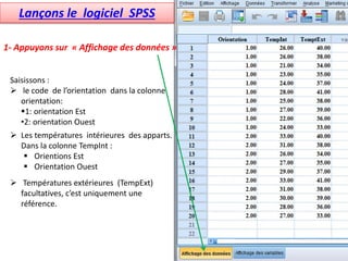 1- Appuyons sur « Affichage des données »
Saisissons :
 le code de l’orientation dans la colonne
orientation:
1: orientation Est
•2: orientation Ouest
 Les températures intérieures des apparts.
Dans la colonne TempInt :
 Orientions Est
 Orientation Ouest
 Températures extérieures (TempExt)
facultatives, c’est uniquement une
référence.
Lançons le logiciel SPSS
 