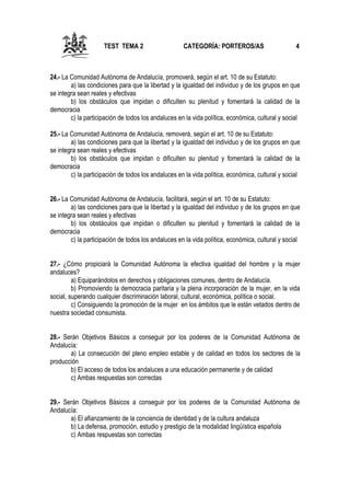 TEST TEMA 2

CATEGORÍA: PORTEROS/AS

4

24.- La Comunidad Autónoma de Andalucía, promoverá, según el art. 10 de su Estatuto:
a) las condiciones para que la libertad y la igualdad del individuo y de los grupos en que
se integra sean reales y efectivas
b) los obstáculos que impidan o dificulten su plenitud y fomentará la calidad de la
democracia
c) la participación de todos los andaluces en la vida política, económica, cultural y social
25.- La Comunidad Autónoma de Andalucía, removerá, según el art. 10 de su Estatuto:
a) las condiciones para que la libertad y la igualdad del individuo y de los grupos en que
se integra sean reales y efectivas
b) los obstáculos que impidan o dificulten su plenitud y fomentará la calidad de la
democracia
c) la participación de todos los andaluces en la vida política, económica, cultural y social
26.- La Comunidad Autónoma de Andalucía, facilitará, según el art. 10 de su Estatuto:
a) las condiciones para que la libertad y la igualdad del individuo y de los grupos en que
se integra sean reales y efectivas
b) los obstáculos que impidan o dificulten su plenitud y fomentará la calidad de la
democracia
c) la participación de todos los andaluces en la vida política, económica, cultural y social
27.- ¿Cómo propiciará la Comunidad Autónoma la efectiva igualdad del hombre y la mujer
andaluces?
a) Equiparándolos en derechos y obligaciones comunes, dentro de Andalucía.
b) Promoviendo la democracia paritaria y la plena incorporación de la mujer, en la vida
social, superando cualquier discriminación laboral, cultural, económica, política o social.
c) Consiguiendo la promoción de la mujer en los ámbitos que le están vetados dentro de
nuestra sociedad consumista.
28.- Serán Objetivos Básicos a conseguir por los poderes de la Comunidad Autónoma de
Andalucía:
a) La consecución del pleno empleo estable y de calidad en todos los sectores de la
producción
b) El acceso de todos los andaluces a una educación permanente y de calidad
c) Ambas respuestas son correctas
29.- Serán Objetivos Básicos a conseguir por los poderes de la Comunidad Autónoma de
Andalucía:
a) El afianzamiento de la conciencia de identidad y de la cultura andaluza
b) La defensa, promoción, estudio y prestigio de la modalidad lingüística española
c) Ambas respuestas son correctas

 