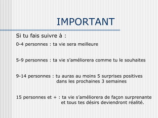 IMPORTANT Si tu fais suivre à : 0-4 personnes : ta vie sera meilleure 5-9 personnes : ta vie s’améliorera comme tu le souhaites 9-14 personnes : tu auras au moins 5 surprises positives    dans les prochaines 3 semaines 15 personnes et + : ta vie s’améliorera de façon surprenante   et tous tes désirs deviendront réalité. 