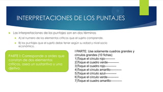 6
         INTERPRETACIONES DE LOS PUNTAJES

   Las interpretaciones de los puntajes son en dos términos
        A) el numero de los elementos críticos que el sujeto comprende.
        B) los puntajes que el sujeto debe tener según su edad y nivel socio
         económico.
                                                    I PARTE: Use solamente cuadros grandes y
PARTE I: Corresponde a ordes que                    círculos grandes (10 fichas)
constan de dos elementos                            1)Toque el círculo rojo----------
                                                    2)Toque el cuadro verde-----------
críticos, osea un sustantivo y una
                                                    3)Toque el cuadro rojo-----------
djetivo.                                            4)Toque el círculo amarillo-----------
                                                    5)Toque el círculo azul-----------
                                                    6)Toque el círculo verde-----------
                                                    7)Toque el cuadro amarillo-----------
 