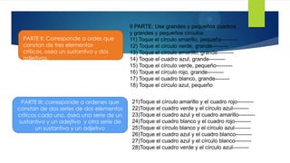 7
                                           II PARTE: Use grandes y pequeños cuadros
                                           y grandes y pequeños círculos
  PARTE II: Corresponde a ordes que        11) Toque el círculo amarillo, pequeño---------
  constan de tres elementos                12) Toque el círculo verde, grande---------
  críticos, osea un sustantivo y dos       13) Toque el círculo amarillo, grande---------
  adjetivos.                               14) Toque el cuadro azul, grande---------
                                           15) Toque el círculo verde, pequeño---------
                                           16) Toque el círculo rojo, grande---------
                                           17) Toque el cuadro blanco, grande--------
                                           18) Toque el círculo azul, pequeño


 PARTE III: corresponde a ordenes que       21)Toque el círculo amarillo y el cuadro rojo---------
constan de dos series de dos elementos      22)Toque el cuadro verde y el círculo azul---------
críticos cada uno, ósea una serie de un     23)Toque el cuadro azul y el cuadro amarillo---------
sustantivo y un adejtivo y otra serie de    24)Toque el cuadro blanco y el cuadro rojo---------
       un sustantivo y un adjetivo          25)Toque el círculo blanco y el círculo azul---------
                                            26)Toque el cuadro azul y el cuadro blanco---------
                                            27)Toque el cuadro azul y el círculo blanco---------
                                            28)Toque el cuadro verde y el círculo azul---------
 