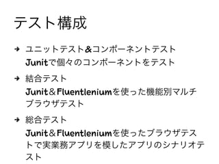 テスト構成
4 ユニットテスト&コンポーネントテスト
Junitで個々のコンポーネントをテスト
4 結合テスト
Junit＆Fluentleniumを使った機能別マルチ
ブラウザテスト
4 総合テスト
Junit＆Fluentleniumを使ったブラウザテス
トで実業務アプリを模したアプリのシナリオテ
スト
 