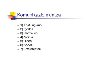 Komunikazio ekintza
  1) Testuingurua
  2) Igorlea
  3) Hartzailea
  4) Mezua
  5) Bidea
  6) Kodea
  7) Erreferentea
 