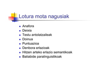 Lotura mota nagusiak
  Anafora
  Deixia
  Testu antolatzaileak
  Doinua
  Puntuazioa
  Denbora erlazioak
  Hitzen arteko erlazio semantikoak
  Baliabide paralinguistikoak
 