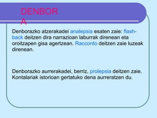 DENBOR
   A
Denborazko atzerakadei analepsia esaten zaie: flash-
back deitzen dira narrazioan laburrak direnean eta
oroitzapen gisa agertzean. Racconto deitzen zaie luzeak
direnean.



Denborazko aurrerakadei, berriz, prolepsia deitzen zaie.
Kontalariak istorioan gertatuko dena aurreratzen du.
 