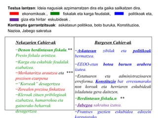 Testua lantzen : Ideia nagusiak azpimarratzen dira eta gaika sailkatzen dira. ekonomikoak ,  fiskalak eta karga feudalak,  politikoak eta, giza eta hiritar  eskubideak . Kontzeptu garrantzitsuak :  askatasun politikoa, boto buruka, Konstituzioa, Nazioa, Jabego sakratua Nekazarien Cahier-ak Denon berdintasun fiskala . **  Presio fiskala arintzea. Karga eta eskubide feudalak ezabatzea. Merkataritza arautzea  eta  ***  prezioen ezarpena “ Korveak” desagertzea Zerealen prezioa finkatzea Kleroak zituen pribilegioak ezabatzea, hamarrekoa eta gainerako beharrak desagertzea . Burgesen Cahier-ak Askatasun  zibilak eta  politikoak  bermatzea. EEOO-etan  botoa buruen arabera  izatea. Estatuaren eta administrazioaren erreforma.  Konstituzio  bat  erresumarako  non koroak eta herriaren eskubideak isladatuta gera daitezen. Berdintasun fiskala.n  ** Jabegoa  sakratua izatea. Frantses guztien eskubidea edozein kargutarako . Merkataritza-askatasuna  *** Nazioak,   soilik,  ezar ditzake zergak Prentsa eta adierazpen askatasuna 