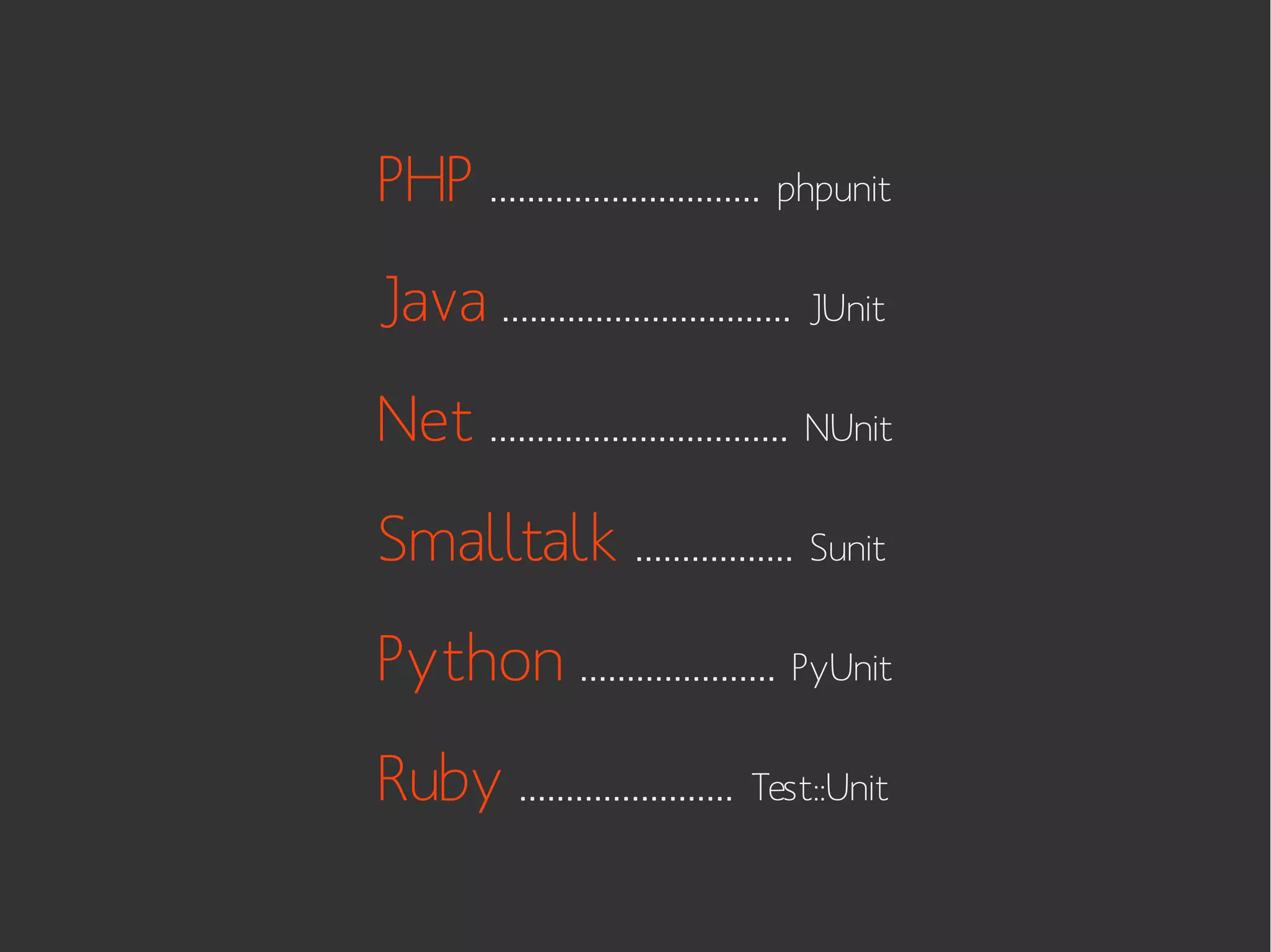 PHP ............................. phpunit
Java ............................... JUnit
Net ................................ NUnit
Smalltalk ................. Sunit
Python ..................... PyUnit
Ruby ....................... Test::Unit

 