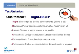 Formación test unitarios Test unitarios Test Unitarios: Qué testear? -  Right :  Si el código se ejecuta correctamente, ¿cómo lo sé? Right-BICEP -  B oundary :  Probar condiciones límite, muchos “bugs” viven allí -  I nverse :  Testear la lógica inversa si es posible -  C ross-check :  Cotejar los resultados utilizando diferentes medios   -  E rror conditions :  Forzar las situaciones de error  -  P erformance :  Probar las características de rendimiento si requiere 