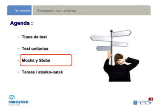 Formación test unitarios Test unitarios Agenda : Tipos de test  Test unitarios Mocks y Stubs Tareas / etxeko-lanak 
