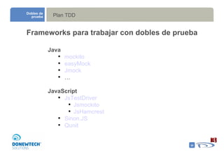Plan TDD Dobles de prueba Frameworks para trabajar con dobles de prueba Java mockito easyMock Jmock … JavaScript JsTestDriver Jsmockito JsHamcrest Sinon.JS Qunit 