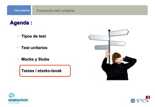 Formación test unitarios Test unitarios Agenda : Tipos de test  Test unitarios Mocks y Stubs Tareas / etxeko-lanak 