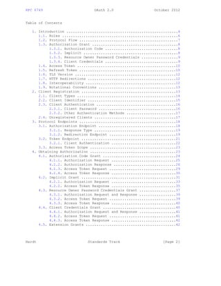 RFC 6749 OAuth 2.0 October 2012
Table of Contents
1. Introduction ....................................................4
1.1. Roles ......................................................6
1.2. Protocol Flow ..............................................7
1.3. Authorization Grant ........................................8
1.3.1. Authorization Code ..................................8
1.3.2. Implicit ............................................8
1.3.3. Resource Owner Password Credentials .................9
1.3.4. Client Credentials ..................................9
1.4. Access Token ..............................................10
1.5. Refresh Token .............................................10
1.6. TLS Version ...............................................12
1.7. HTTP Redirections .........................................12
1.8. Interoperability ..........................................12
1.9. Notational Conventions ....................................13
2. Client Registration ............................................13
2.1. Client Types ..............................................14
2.2. Client Identifier .........................................15
2.3. Client Authentication .....................................16
2.3.1. Client Password ....................................16
2.3.2. Other Authentication Methods .......................17
2.4. Unregistered Clients ......................................17
3. Protocol Endpoints .............................................18
3.1. Authorization Endpoint ....................................18
3.1.1. Response Type ......................................19
3.1.2. Redirection Endpoint ...............................19
3.2. Token Endpoint ............................................21
3.2.1. Client Authentication ..............................22
3.3. Access Token Scope ........................................23
4. Obtaining Authorization ........................................23
4.1. Authorization Code Grant ..................................24
4.1.1. Authorization Request ..............................25
4.1.2. Authorization Response .............................26
4.1.3. Access Token Request ...............................29
4.1.4. Access Token Response ..............................30
4.2. Implicit Grant ............................................31
4.2.1. Authorization Request ..............................33
4.2.2. Access Token Response ..............................35
4.3. Resource Owner Password Credentials Grant .................37
4.3.1. Authorization Request and Response .................39
4.3.2. Access Token Request ...............................39
4.3.3. Access Token Response ..............................40
4.4. Client Credentials Grant ..................................40
4.4.1. Authorization Request and Response .................41
4.4.2. Access Token Request ...............................41
4.4.3. Access Token Response ..............................42
4.5. Extension Grants ..........................................42
Hardt Standards Track [Page 2]
 