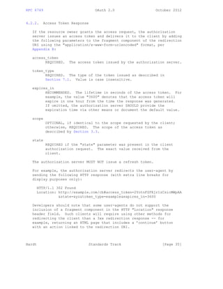 RFC 6749 OAuth 2.0 October 2012
4.2.2. Access Token Response
If the resource owner grants the access request, the authorization
server issues an access token and delivers it to the client by adding
the following parameters to the fragment component of the redirection
URI using the "application/x-www-form-urlencoded" format, per
Appendix B:
access_token
REQUIRED. The access token issued by the authorization server.
token_type
REQUIRED. The type of the token issued as described in
Section 7.1. Value is case insensitive.
expires_in
RECOMMENDED. The lifetime in seconds of the access token. For
example, the value "3600" denotes that the access token will
expire in one hour from the time the response was generated.
If omitted, the authorization server SHOULD provide the
expiration time via other means or document the default value.
scope
OPTIONAL, if identical to the scope requested by the client;
otherwise, REQUIRED. The scope of the access token as
described by Section 3.3.
state
REQUIRED if the "state" parameter was present in the client
authorization request. The exact value received from the
client.
The authorization server MUST NOT issue a refresh token.
For example, the authorization server redirects the user-agent by
sending the following HTTP response (with extra line breaks for
display purposes only):
HTTP/1.1 302 Found
Location: http://example.com/cb#access_token=2YotnFZFEjr1zCsicMWpAA
&state=xyz&token_type=example&expires_in=3600
Developers should note that some user-agents do not support the
inclusion of a fragment component in the HTTP "Location" response
header field. Such clients will require using other methods for
redirecting the client than a 3xx redirection response -- for
example, returning an HTML page that includes a ’continue’ button
with an action linked to the redirection URI.
Hardt Standards Track [Page 35]
 