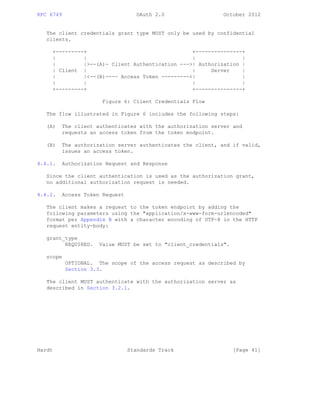 RFC 6749 OAuth 2.0 October 2012
The client credentials grant type MUST only be used by confidential
clients.
+---------+ +---------------+
| | | |
| |>--(A)- Client Authentication --->| Authorization |
| Client | | Server |
| |<--(B)---- Access Token ---------<| |
| | | |
+---------+ +---------------+
Figure 6: Client Credentials Flow
The flow illustrated in Figure 6 includes the following steps:
(A) The client authenticates with the authorization server and
requests an access token from the token endpoint.
(B) The authorization server authenticates the client, and if valid,
issues an access token.
4.4.1. Authorization Request and Response
Since the client authentication is used as the authorization grant,
no additional authorization request is needed.
4.4.2. Access Token Request
The client makes a request to the token endpoint by adding the
following parameters using the "application/x-www-form-urlencoded"
format per Appendix B with a character encoding of UTF-8 in the HTTP
request entity-body:
grant_type
REQUIRED. Value MUST be set to "client_credentials".
scope
OPTIONAL. The scope of the access request as described by
Section 3.3.
The client MUST authenticate with the authorization server as
described in Section 3.2.1.
Hardt Standards Track [Page 41]
 