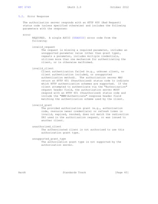 RFC 6749 OAuth 2.0 October 2012
5.2. Error Response
The authorization server responds with an HTTP 400 (Bad Request)
status code (unless specified otherwise) and includes the following
parameters with the response:
error
REQUIRED. A single ASCII [USASCII] error code from the
following:
invalid_request
The request is missing a required parameter, includes an
unsupported parameter value (other than grant type),
repeats a parameter, includes multiple credentials,
utilizes more than one mechanism for authenticating the
client, or is otherwise malformed.
invalid_client
Client authentication failed (e.g., unknown client, no
client authentication included, or unsupported
authentication method). The authorization server MAY
return an HTTP 401 (Unauthorized) status code to indicate
which HTTP authentication schemes are supported. If the
client attempted to authenticate via the "Authorization"
request header field, the authorization server MUST
respond with an HTTP 401 (Unauthorized) status code and
include the "WWW-Authenticate" response header field
matching the authentication scheme used by the client.
invalid_grant
The provided authorization grant (e.g., authorization
code, resource owner credentials) or refresh token is
invalid, expired, revoked, does not match the redirection
URI used in the authorization request, or was issued to
another client.
unauthorized_client
The authenticated client is not authorized to use this
authorization grant type.
unsupported_grant_type
The authorization grant type is not supported by the
authorization server.
Hardt Standards Track [Page 45]
 