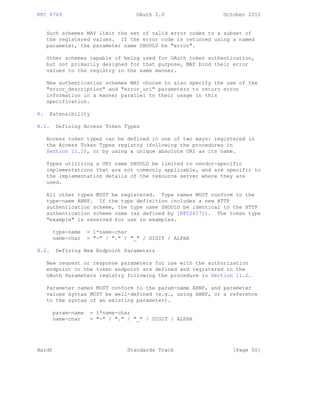 RFC 6749 OAuth 2.0 October 2012
Such schemes MAY limit the set of valid error codes to a subset of
the registered values. If the error code is returned using a named
parameter, the parameter name SHOULD be "error".
Other schemes capable of being used for OAuth token authentication,
but not primarily designed for that purpose, MAY bind their error
values to the registry in the same manner.
New authentication schemes MAY choose to also specify the use of the
"error_description" and "error_uri" parameters to return error
information in a manner parallel to their usage in this
specification.
8. Extensibility
8.1. Defining Access Token Types
Access token types can be defined in one of two ways: registered in
the Access Token Types registry (following the procedures in
Section 11.1), or by using a unique absolute URI as its name.
Types utilizing a URI name SHOULD be limited to vendor-specific
implementations that are not commonly applicable, and are specific to
the implementation details of the resource server where they are
used.
All other types MUST be registered. Type names MUST conform to the
type-name ABNF. If the type definition includes a new HTTP
authentication scheme, the type name SHOULD be identical to the HTTP
authentication scheme name (as defined by [RFC2617]). The token type
"example" is reserved for use in examples.
type-name = 1*name-char
name-char = "-" / "." / "_" / DIGIT / ALPHA
8.2. Defining New Endpoint Parameters
New request or response parameters for use with the authorization
endpoint or the token endpoint are defined and registered in the
OAuth Parameters registry following the procedure in Section 11.2.
Parameter names MUST conform to the param-name ABNF, and parameter
values syntax MUST be well-defined (e.g., using ABNF, or a reference
to the syntax of an existing parameter).
param-name = 1*name-char
name-char = "-" / "." / "_" / DIGIT / ALPHA
Hardt Standards Track [Page 50]
 
