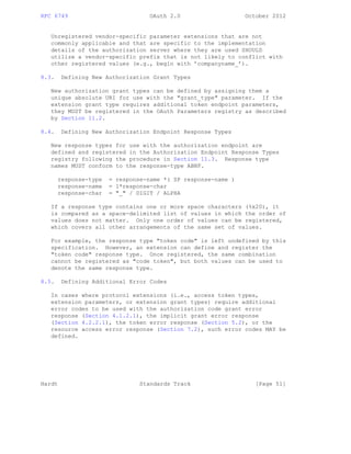 RFC 6749 OAuth 2.0 October 2012
Unregistered vendor-specific parameter extensions that are not
commonly applicable and that are specific to the implementation
details of the authorization server where they are used SHOULD
utilize a vendor-specific prefix that is not likely to conflict with
other registered values (e.g., begin with ’companyname_’).
8.3. Defining New Authorization Grant Types
New authorization grant types can be defined by assigning them a
unique absolute URI for use with the "grant_type" parameter. If the
extension grant type requires additional token endpoint parameters,
they MUST be registered in the OAuth Parameters registry as described
by Section 11.2.
8.4. Defining New Authorization Endpoint Response Types
New response types for use with the authorization endpoint are
defined and registered in the Authorization Endpoint Response Types
registry following the procedure in Section 11.3. Response type
names MUST conform to the response-type ABNF.
response-type = response-name *( SP response-name )
response-name = 1*response-char
response-char = "_" / DIGIT / ALPHA
If a response type contains one or more space characters (%x20), it
is compared as a space-delimited list of values in which the order of
values does not matter. Only one order of values can be registered,
which covers all other arrangements of the same set of values.
For example, the response type "token code" is left undefined by this
specification. However, an extension can define and register the
"token code" response type. Once registered, the same combination
cannot be registered as "code token", but both values can be used to
denote the same response type.
8.5. Defining Additional Error Codes
In cases where protocol extensions (i.e., access token types,
extension parameters, or extension grant types) require additional
error codes to be used with the authorization code grant error
response (Section 4.1.2.1), the implicit grant error response
(Section 4.2.2.1), the token error response (Section 5.2), or the
resource access error response (Section 7.2), such error codes MAY be
defined.
Hardt Standards Track [Page 51]
 