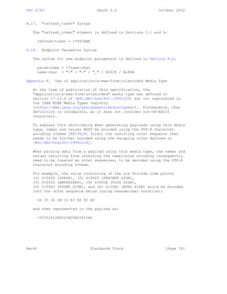 RFC 6749 OAuth 2.0 October 2012
A.17. "refresh_token" Syntax
The "refresh_token" element is defined in Sections 5.1 and 6:
refresh-token = 1*VSCHAR
A.18. Endpoint Parameter Syntax
The syntax for new endpoint parameters is defined in Section 8.2:
param-name = 1*name-char
name-char = "-" / "." / "_" / DIGIT / ALPHA
Appendix B. Use of application/x-www-form-urlencoded Media Type
At the time of publication of this specification, the
"application/x-www-form-urlencoded" media type was defined in
Section 17.13.4 of [W3C.REC-html401-19991224] but not registered in
the IANA MIME Media Types registry
(<http://www.iana.org/assignments/media-types>). Furthermore, that
definition is incomplete, as it does not consider non-US-ASCII
characters.
To address this shortcoming when generating payloads using this media
type, names and values MUST be encoded using the UTF-8 character
encoding scheme [RFC3629] first; the resulting octet sequence then
needs to be further encoded using the escaping rules defined in
[W3C.REC-html401-19991224].
When parsing data from a payload using this media type, the names and
values resulting from reversing the name/value encoding consequently
need to be treated as octet sequences, to be decoded using the UTF-8
character encoding scheme.
For example, the value consisting of the six Unicode code points
(1) U+0020 (SPACE), (2) U+0025 (PERCENT SIGN),
(3) U+0026 (AMPERSAND), (4) U+002B (PLUS SIGN),
(5) U+00A3 (POUND SIGN), and (6) U+20AC (EURO SIGN) would be encoded
into the octet sequence below (using hexadecimal notation):
20 25 26 2B C2 A3 E2 82 AC
and then represented in the payload as:
+%25%26%2B%C2%A3%E2%82%AC
Hardt Standards Track [Page 74]
 