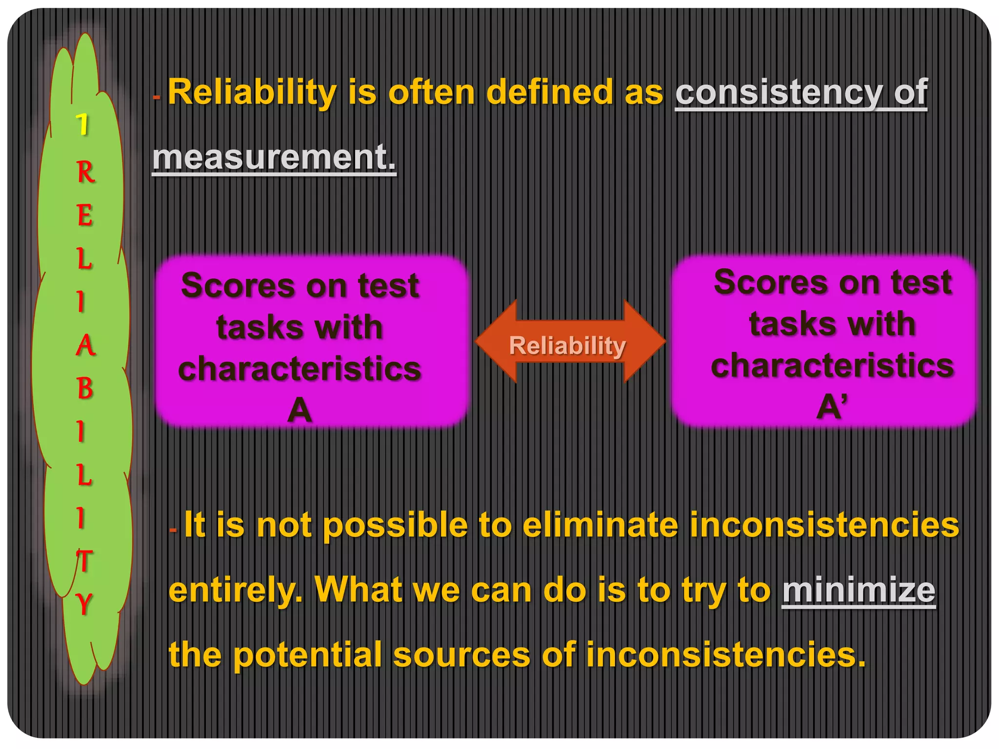 1
R
E
L
I
A
B
I
L
I
T
Y
- Reliability is often defined as consistency of
measurement.
Scores on test
tasks with
characteristics
A
Scores on test
tasks with
characteristics
A’
Reliability
- It is not possible to eliminate inconsistencies
entirely. What we can do is to try to minimize
the potential sources of inconsistencies.
 