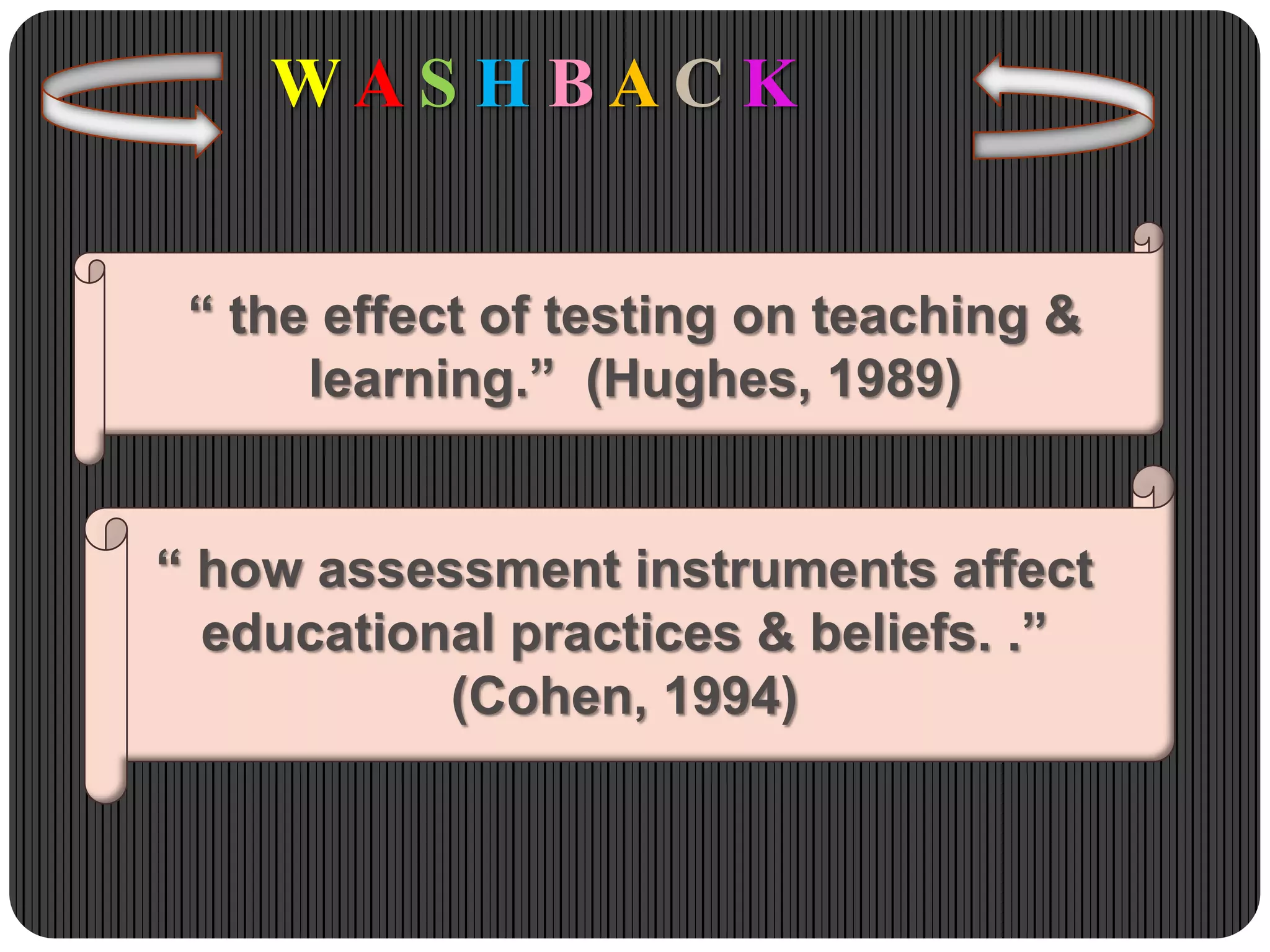 W A S H B A C K
“ the effect of testing on teaching &
learning.” (Hughes, 1989)
“ how assessment instruments affect
educational practices & beliefs. .”
(Cohen, 1994)
 