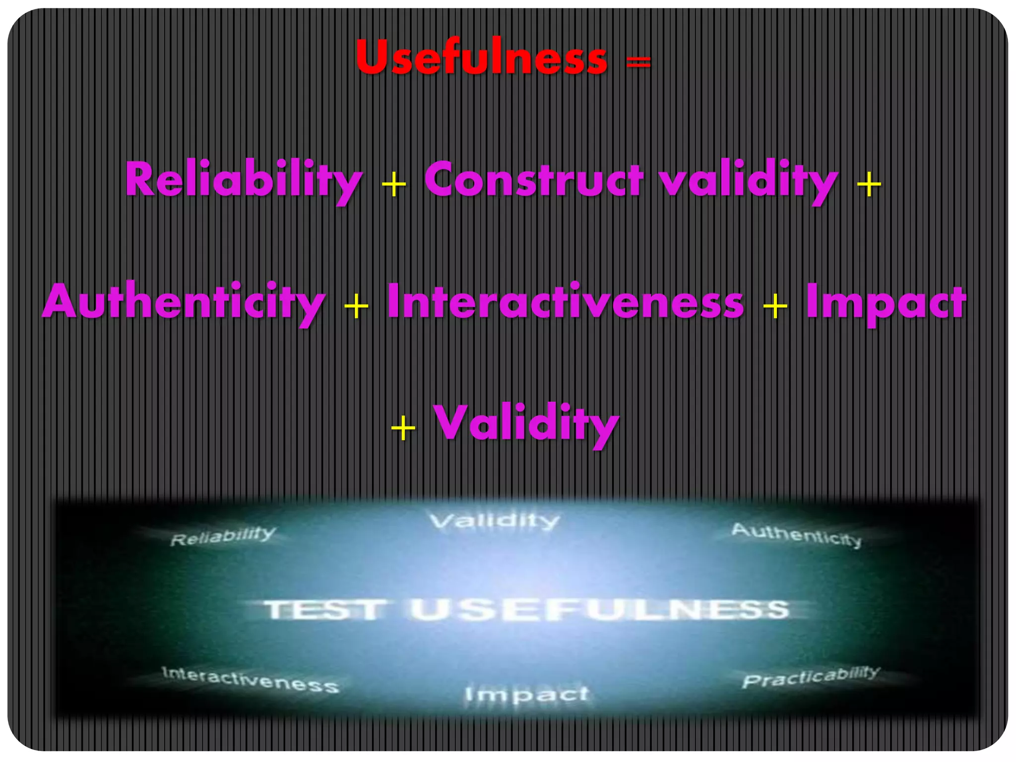 Usefulness =
Reliability + Construct validity +
Authenticity + Interactiveness + Impact
+ Validity
 
