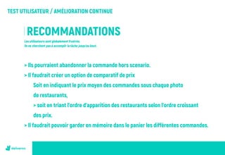 TEST UTILISATEUR / AMÉLIORATION CONTINUE
RECOMMANDATIONS
> Ils pourraient abandonner la commande hors scenario.
> Il faudrait créer un option de comparatif de prix
	 Soit en indiquant le prix moyen des commandes sous chaque photo
	 de restaurants,
	 > soit en triant l’ordre d’apparition des restaurants selon l’ordre croissant
	 des prix.
> Il faudrait pouvoir garder en mémoire dans le panier les différentes commandes.
Les utilisateurs sont globalement frustrés.
Ils ne cherchent pas à accomplir la tâche jusqu’au bout.
 