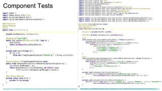 Component Tests
https://github.com/grinfeld/beerpub/blob/master/src/main/java/com/mikerusoft/mikhail/component/simple/UserController.java https://github.com/grinfeld/beerpub/blob/master/src/test/java/com/mikerusoft/mikhail/component/simple/UserControllerTest.javahttps://github.com/grinfeld/beerpub/blob/master/src/test/java/com/mikerusoft/mikhail/component/simple/UserControllerMvcTest.java
 