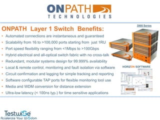3900 Series
ONPATH Layer 1 Switch Benefits:
• Automated connections are instantaneous and guaranteed
• Scalability from 16 to >100,000 ports starting from just 1RU
• Port speed flexibility ranging from <1Mbps to >100Gbps
• Hybrid electrical and all-optical switch fabric with no cross-talk
• Redundant, modular systems design for 99.999% availability
• Local & remote control, monitoring and fault isolation via software   HORIZON SOFTWARE

• Circuit confirmation and logging for simple tracking and reporting
                                                                                                         HorizON


• Software configurable TAP ports for flexible monitoring tool use
                                                                                                           HorizON




                                                                                            HorizON

• Media and WDM conversion for distance extension                                              HorizON

                                                                                                         HorizON
                                                                                                           HorizON



• Ultra-low latency (< 100ns typ.) for time sensitive applications           HorizON
                                                                               HorizON
 