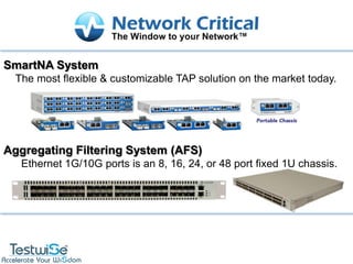 SmartNA System
  The most flexible & customizable TAP solution on the market today.




Aggregating Filtering System (AFS)
   Ethernet 1G/10G ports is an 8, 16, 24, or 48 port fixed 1U chassis.
 