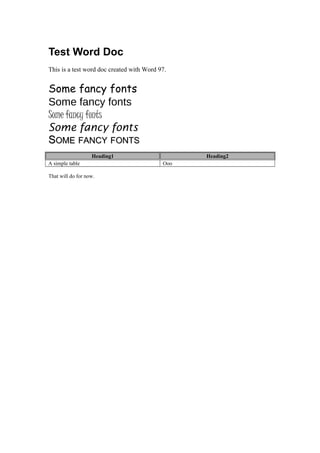 Test Word Doc
This is a test word doc created with Word 97.
Some fancy fonts
Some fancy fonts
Some fancy fonts
Some fancy fonts
SSOMEOME FANCYFANCY FONTSFONTS
Heading1 Heading2
A simple table Ooo
That will do for now.
 