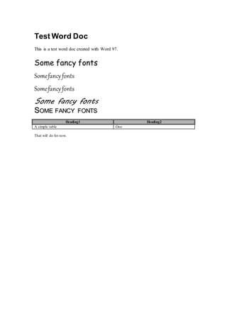 Test Word Doc
This is a test word doc created with Word 97.
Some fancy fonts
Somefancyfonts
Somefancyfonts
Some fancy fonts
SSOOMMEE FFAANNCCYY FFOONNTTSS
Heading1 Heading2
A simple table Ooo
That will do for now.
 