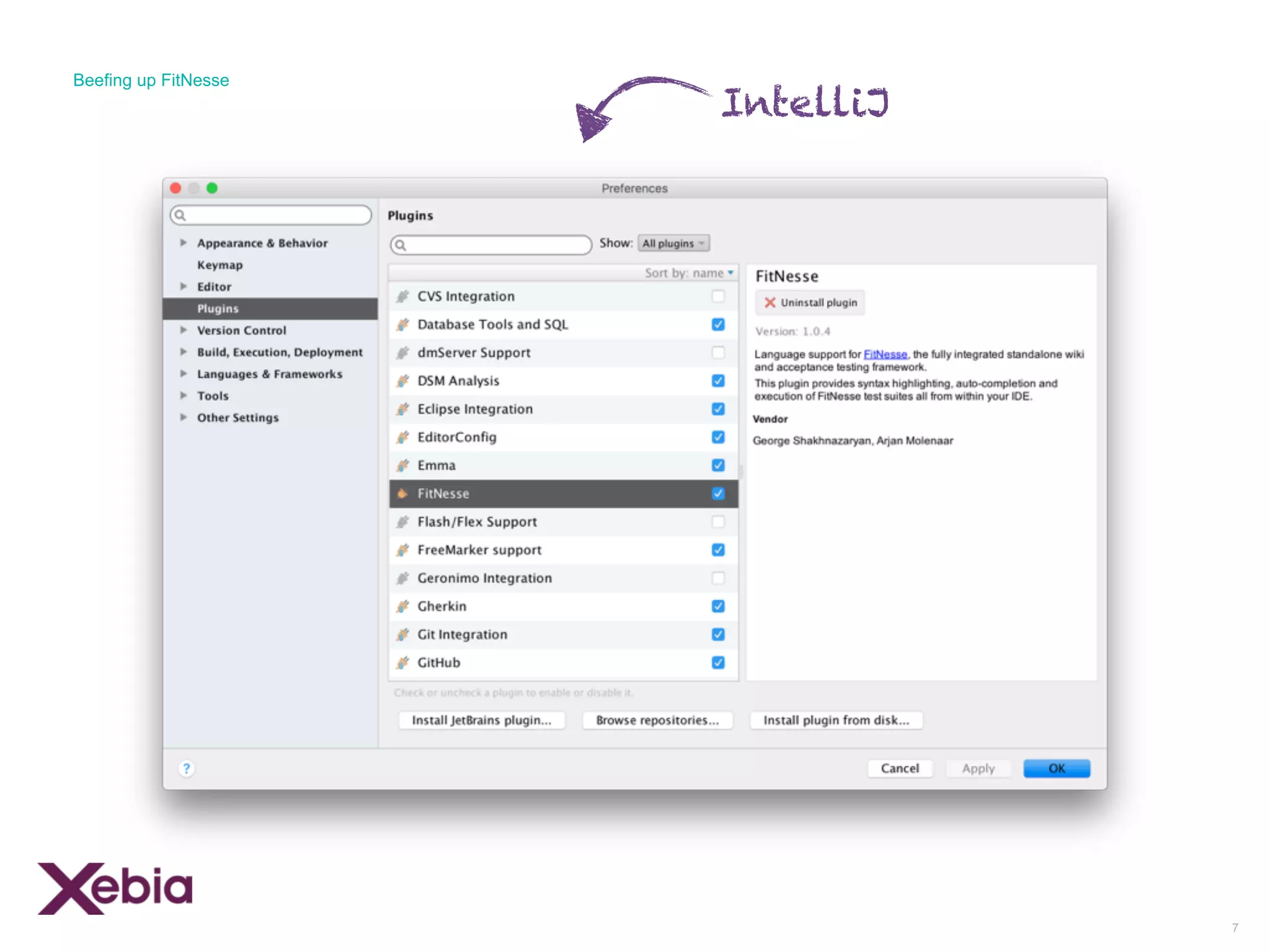 7
Beefing up FitNesse
IntelliJ
