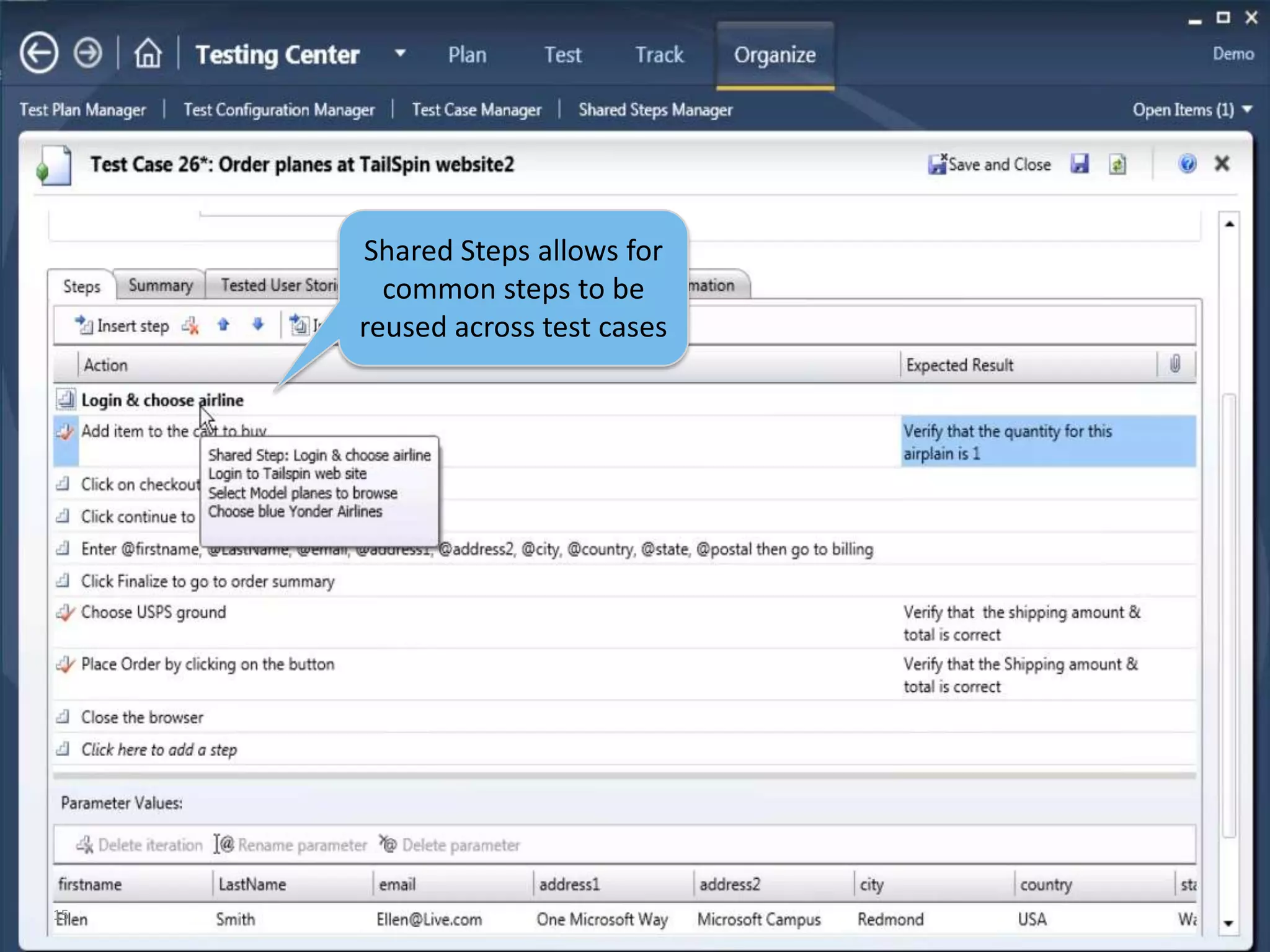 Work Item based test case management, test planning and status tracking