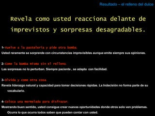 Resultado – el relleno del dulce 1-  Vuelve a la pastelería y pide otra bomba . Usted raramente se sorprende con circunstancias imprevisibles aunque emite siempre sus opiniones. 2-  Come la bomba mismo sin el relleno . Las sorpresas no lo perturban. Siempre paciente , se adapta  con facilidad. 3-  Olvida y come otra cosa . Revela liderazgo natural y capacidad para tomar decisiones rápidas. La Indecisión no forma parte de su vocabulario. 4-  Coloca una mermelada para disfrazar . Mostrando buen sentido, usted consigue crear nuevas oportunidades donde otros solo ven problemas. Ocurra lo que ocurra todos saben que pueden contar con usted. Revela como usted reacciona delante de imprevistos y sorpresas desagradables. 