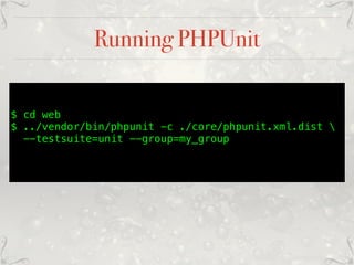 Running PHPUnit
$ cd web
$ ../vendor/bin/phpunit -c ./core/phpunit.xml.dist 
--testsuite=unit --group=my_group
 